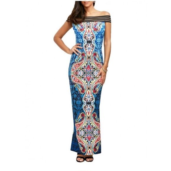 Venus Mesh Detail Off Shoulder Bodycon Maxi Dress Medium - Picture 1 of 8